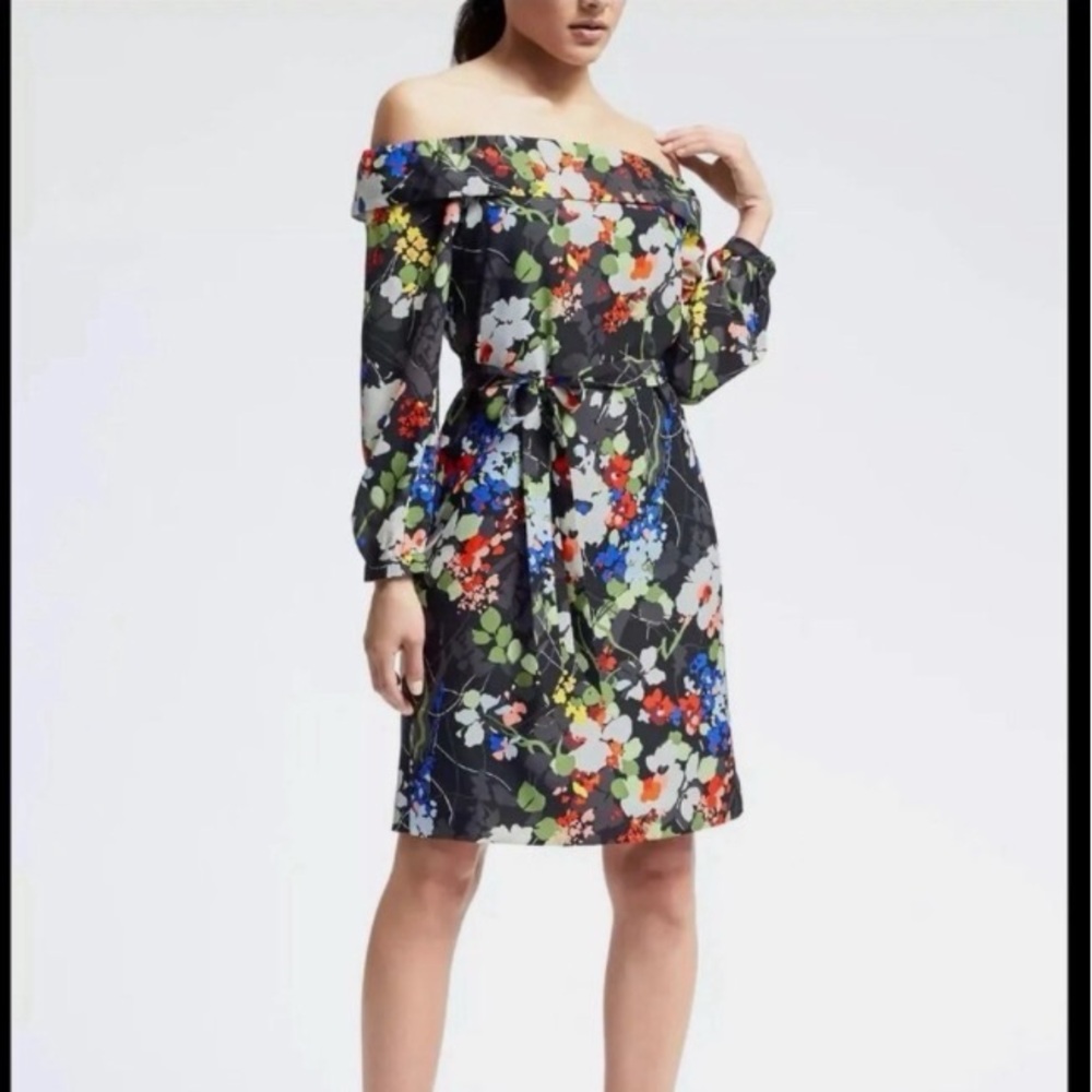 Banana Republic Black Floral Off the Shoulder Dress